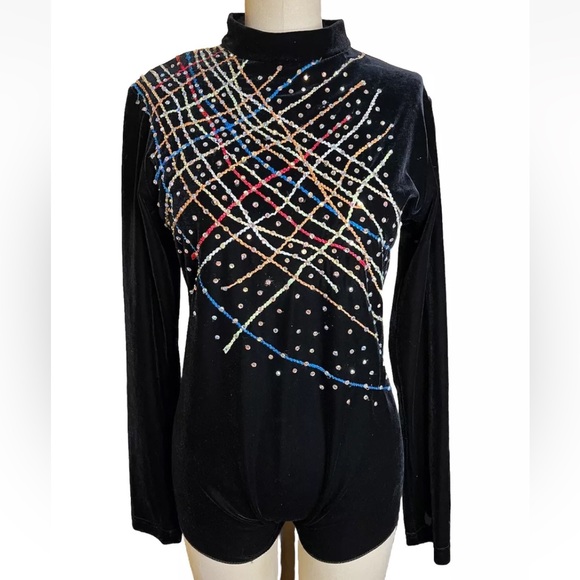 Black Velvet Handmade Embellished Crystal Long Sleeve Bodysuit Romper XL 90’s - Picture 1 of 6